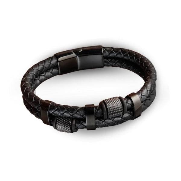 BraidMaster Leather Bracelet – Williams Brothers. 
A Black braided leather bracelet with metal accents on a white background.  https://williamsbrothers.com.au