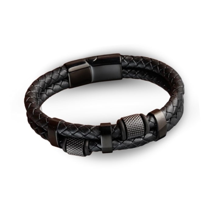 BraidMaster Leather Bracelet – Williams Brothers. 
A Black braided leather bracelet with metal accents on a white background.  https://williamsbrothers.com.au