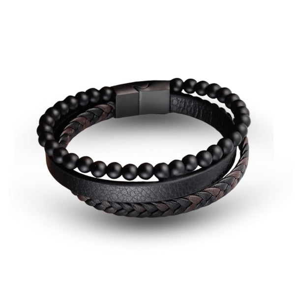 Braided Leather Bracelet Ascendant – Williams Brothers. A black beaded and braided leather bracelet on a white background. https://williamsbrothers.com.au