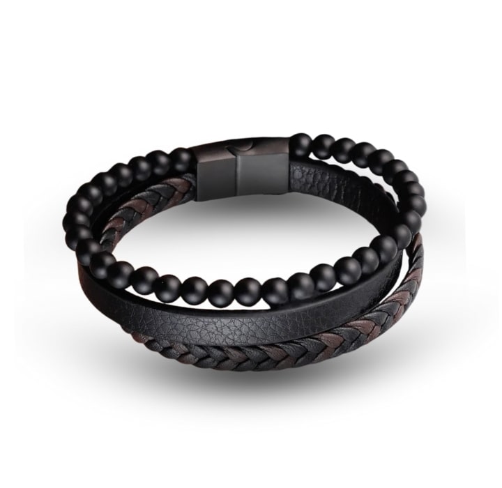 Braided Leather Bracelet Ascendant – Williams Brothers. A black beaded and braided leather bracelet on a white background. https://williamsbrothers.com.au