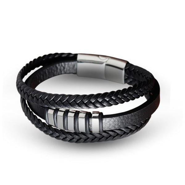 Braided Leather Bracelet Legacy - Williams Brothers. A Black braided leather bracelet with silver accents on a white background. https://williamsbrothers.com.au