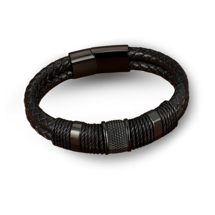 Braided Leather Bracelet Maverick – Williams Brothers. 
A Black braided leather bracelet with metal accents on a white background.  https://williamsbrothers.com.au