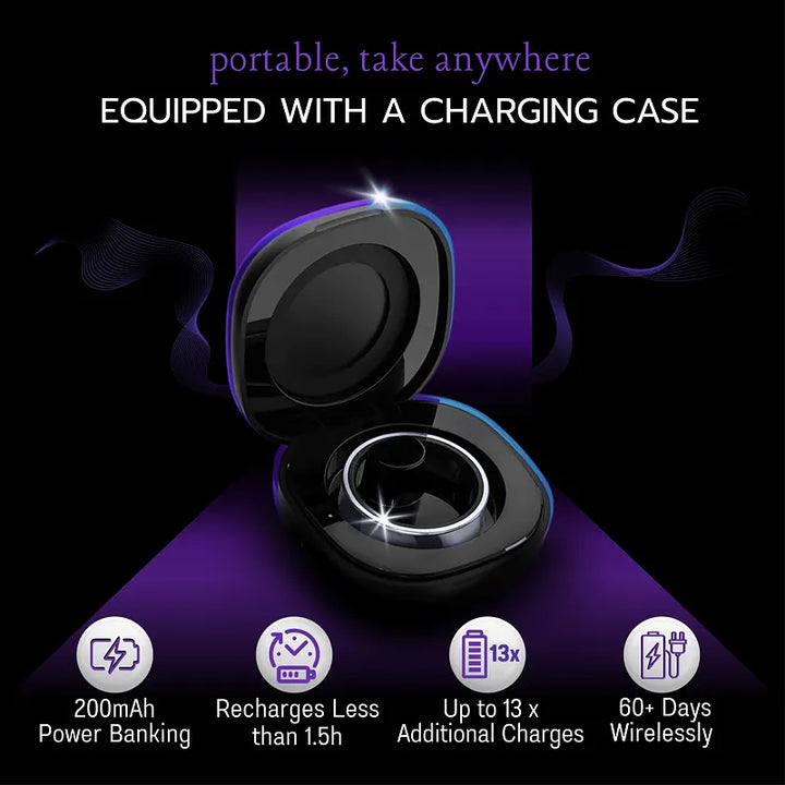 Silver Smart Ring Noble inside a charging case with features information like 200mAh battery that gives up to 13x additional charges on a purple background and text highlighting features listed on a black background.
https://williamsbrothers.com.au 
