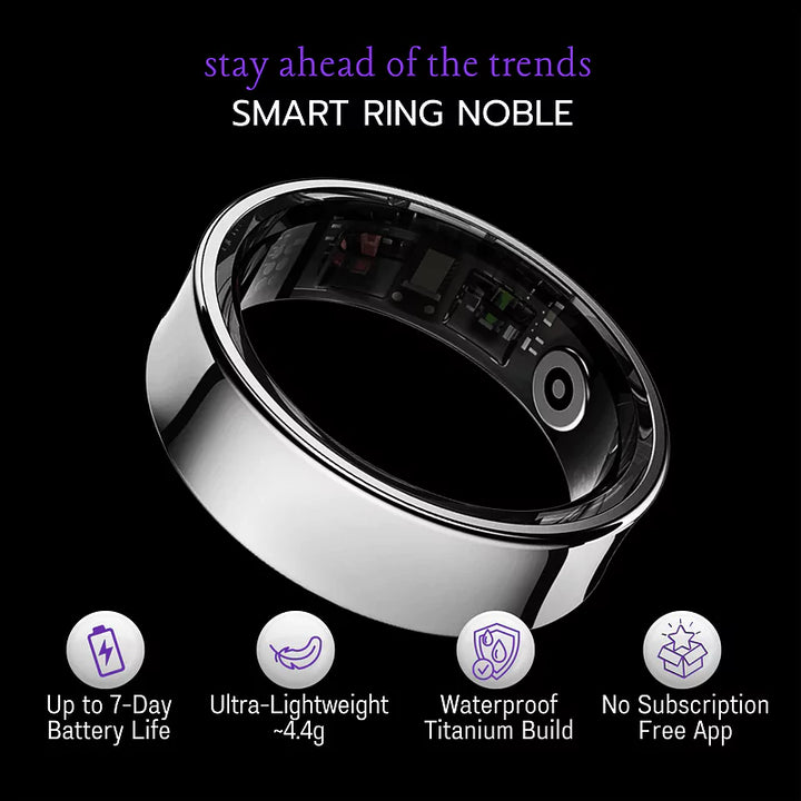Smart Ring Noble in silver with features information like waterproof, 4.4g lightweight, up to 7-day battery life, listed on a black background.
https://williamsbrothers.com.au 
