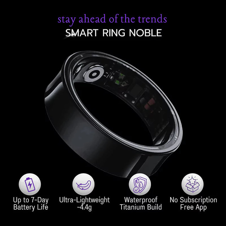 Smart Ring Noble in black with features information like waterproof, 4.4g lightweight, up to 7-day battery life, listed on a black background.
https://williamsbrothers.com.au 