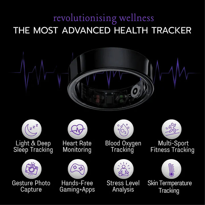 Black Smart Ring Noble Health tracker information with features like heart rate monitoring, blood oxygen tracking, fitness tracking, hands-free gaming and photo capture, skin temperature tracking, listed on a black background.
https://williamsbrothers.com.au 