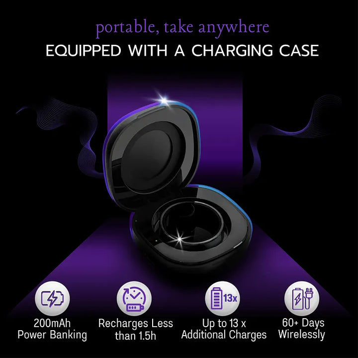 Black Smart Ring Noble inside a charging case with features information like 200mAh battery that gives up to 13x additional charges on a purple background and text highlighting features listed on a black background.
https://williamsbrothers.com.au 