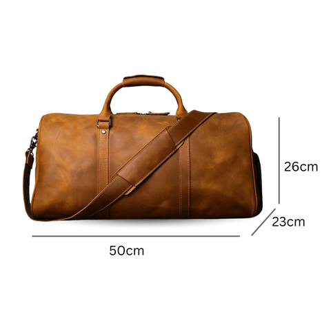 Duffle Bag Heritage - Williams Brothers
Side view of a light brown leather duffle style travel bag, highlighting its measurements.
https://williamsbrothers.com.au